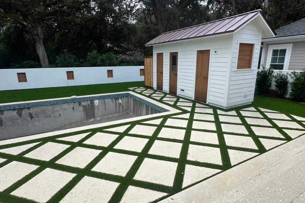 artificial grass pool surround & shed